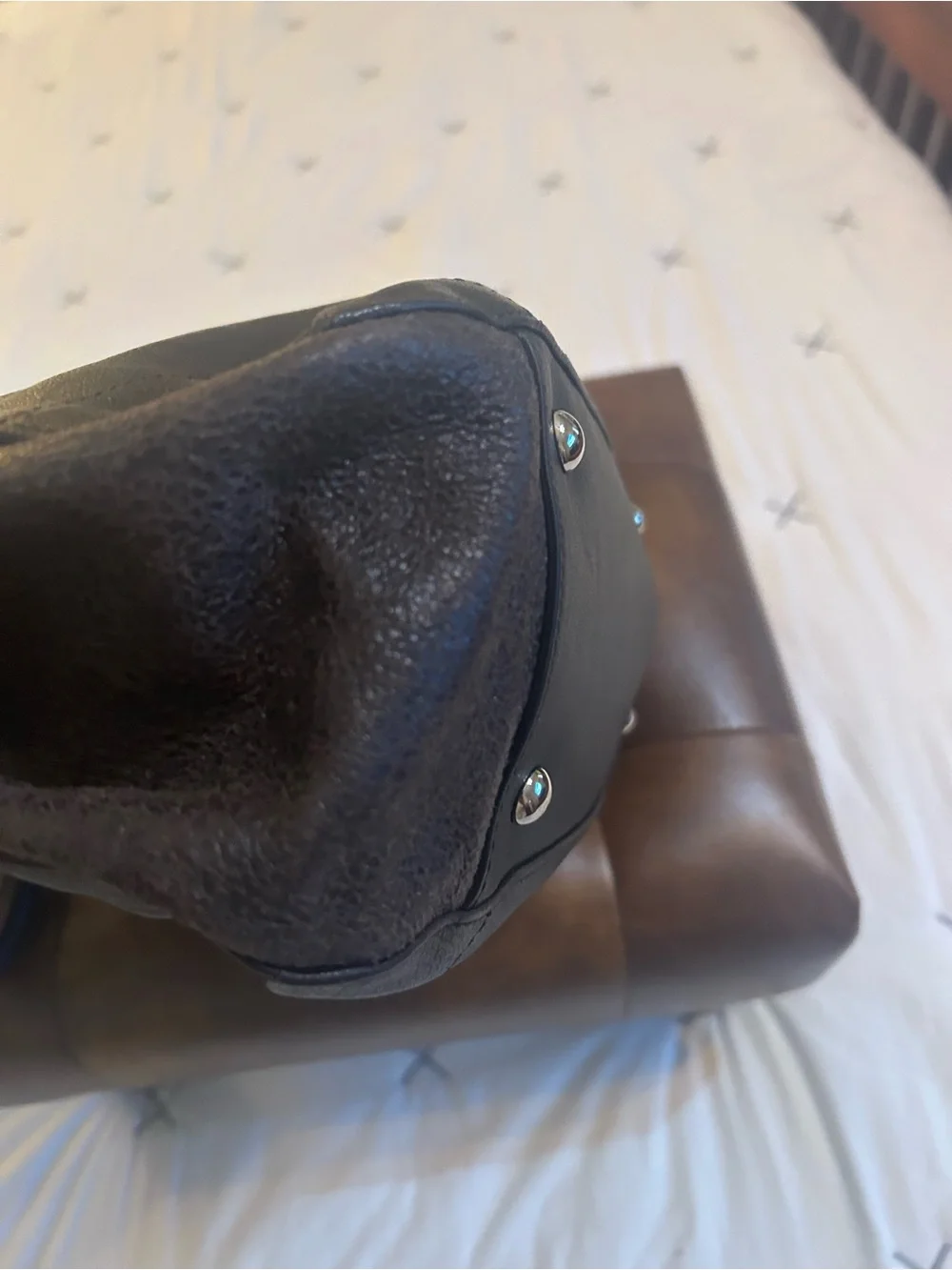 Furla dark brown mixed leather bag with Black Leather handles